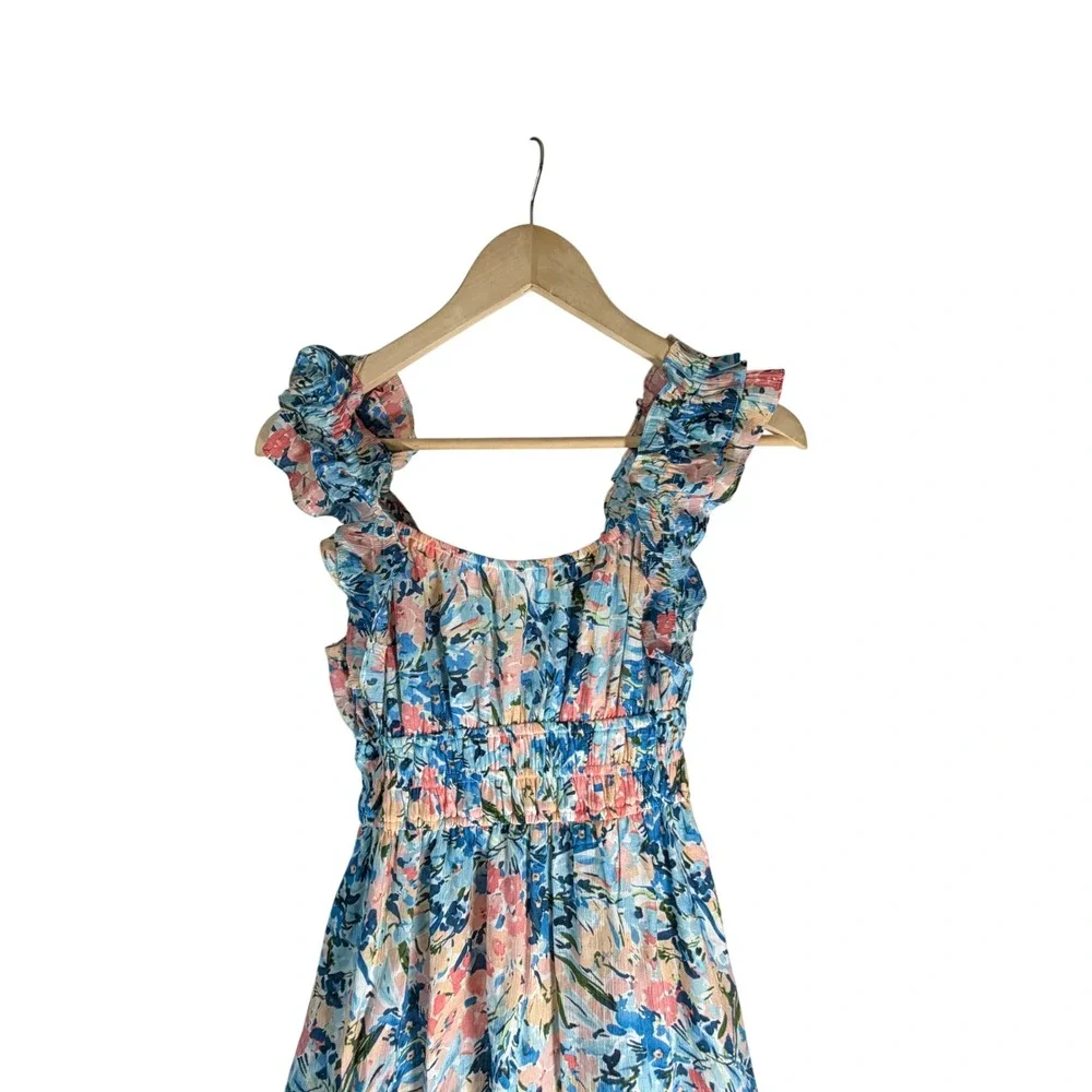 Abercrombie & Fitch Floral Smocked Maxi Dress‎ Blue Pink Ruffle XS 159D2300